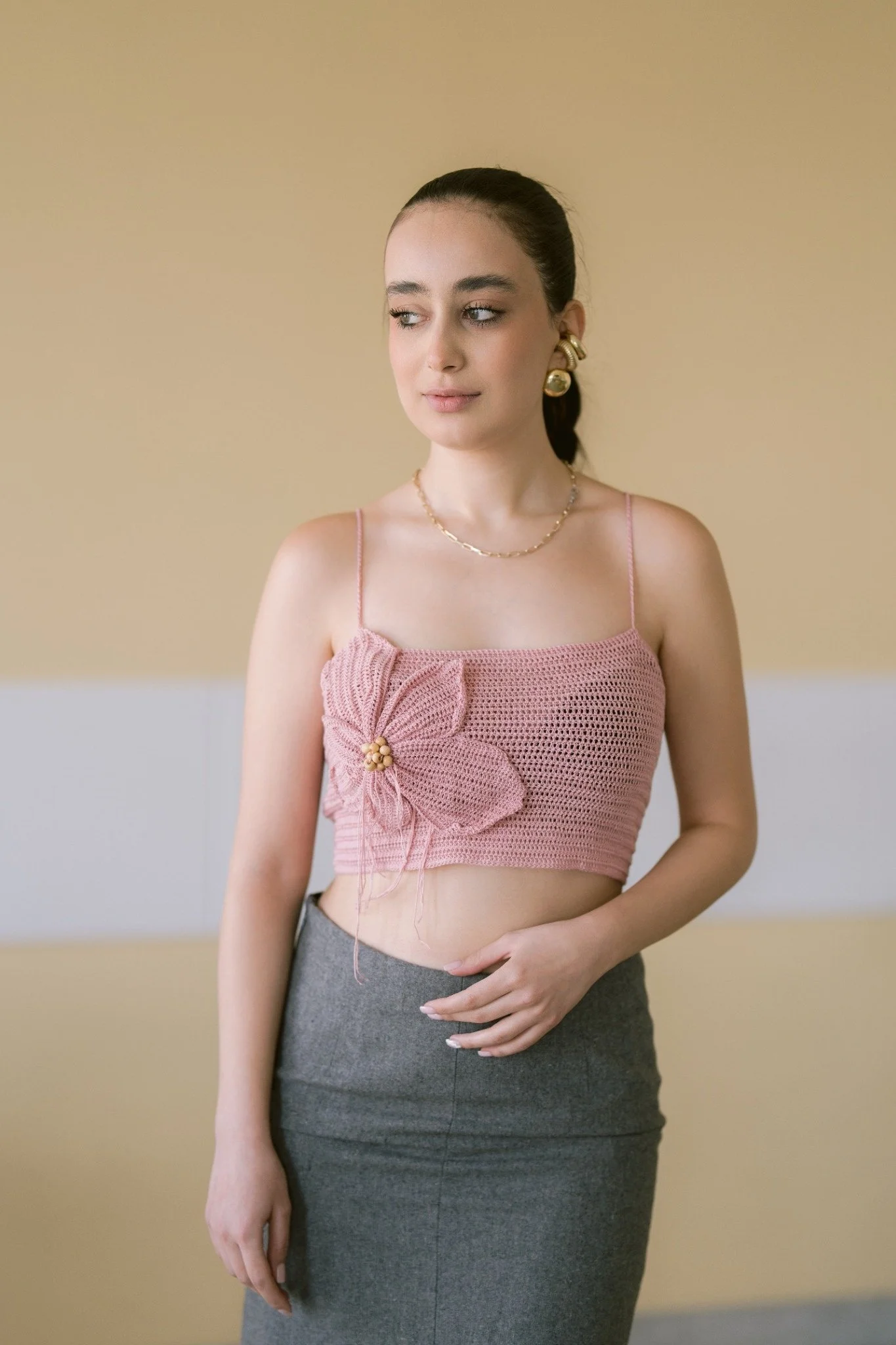 Pink Cotton Crocheted Top With Flower