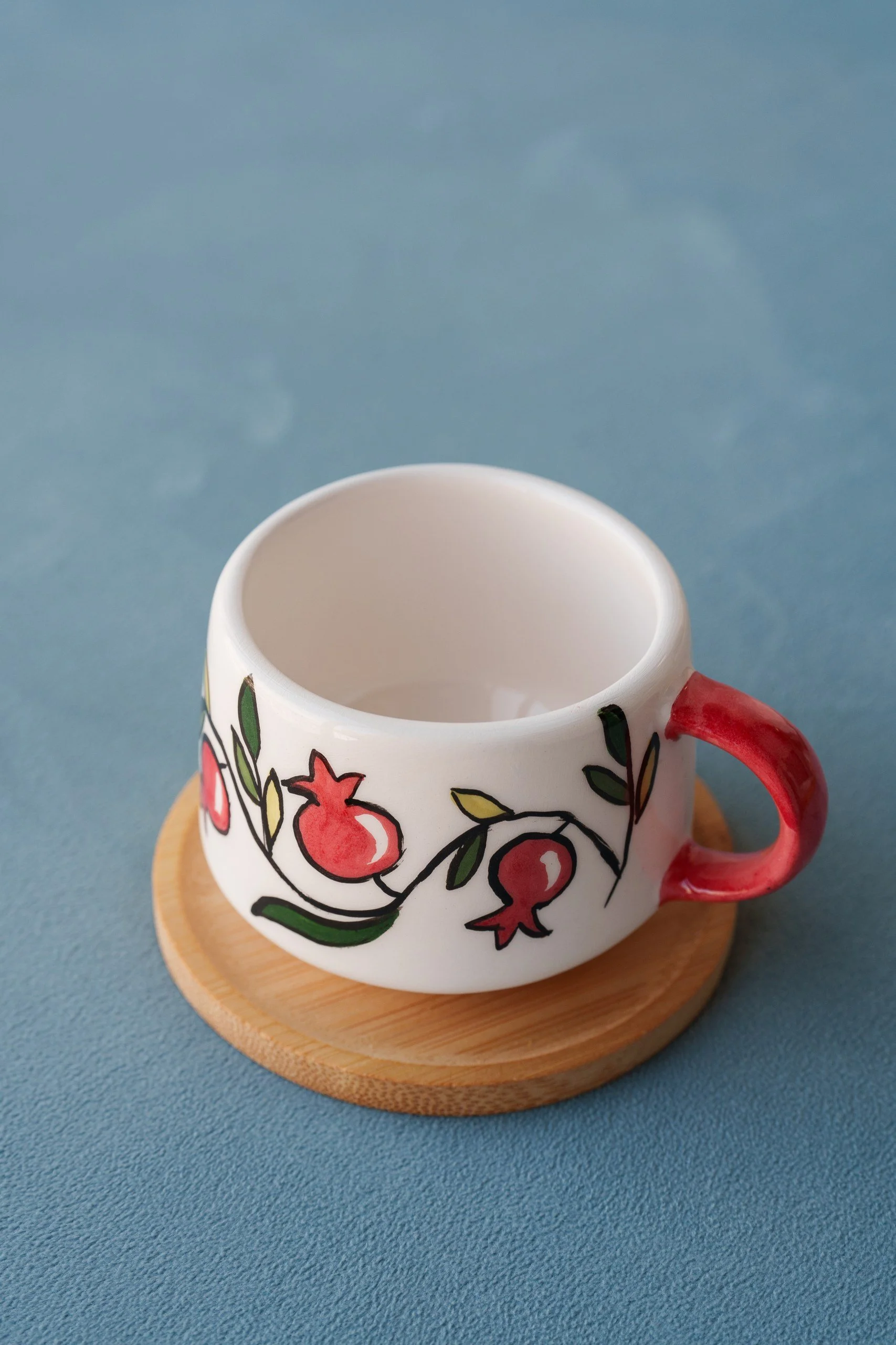 Pomegranate Coffee Cup and Wooden Saucer