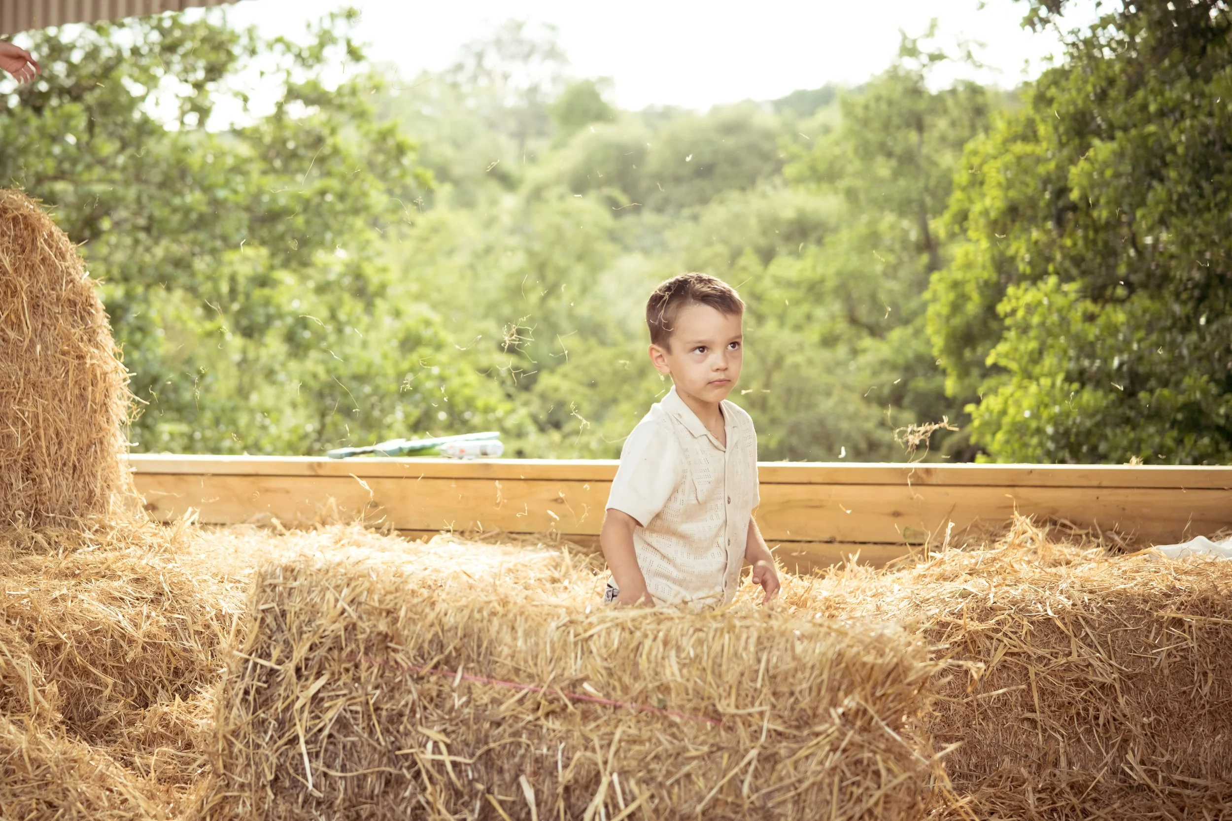 Young boy standing inside a barn with hay bales, surrounded by trees and greenery, during daytime.