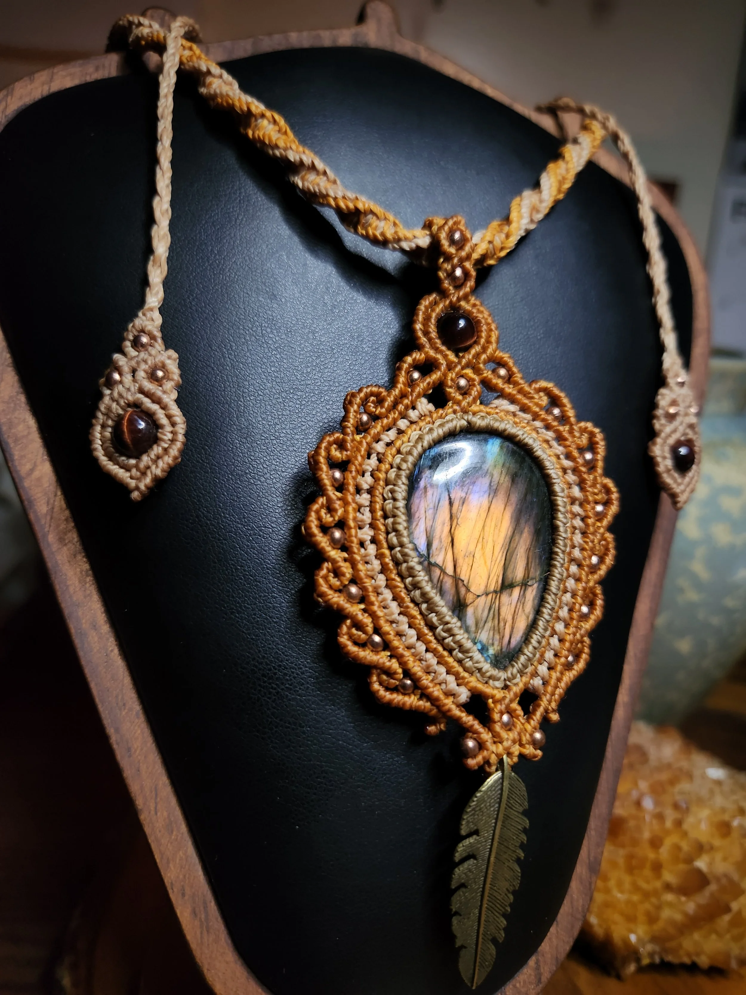 Labradorite Necklace with Red Tiger Eye, Copper, and Brass Feather Charm
