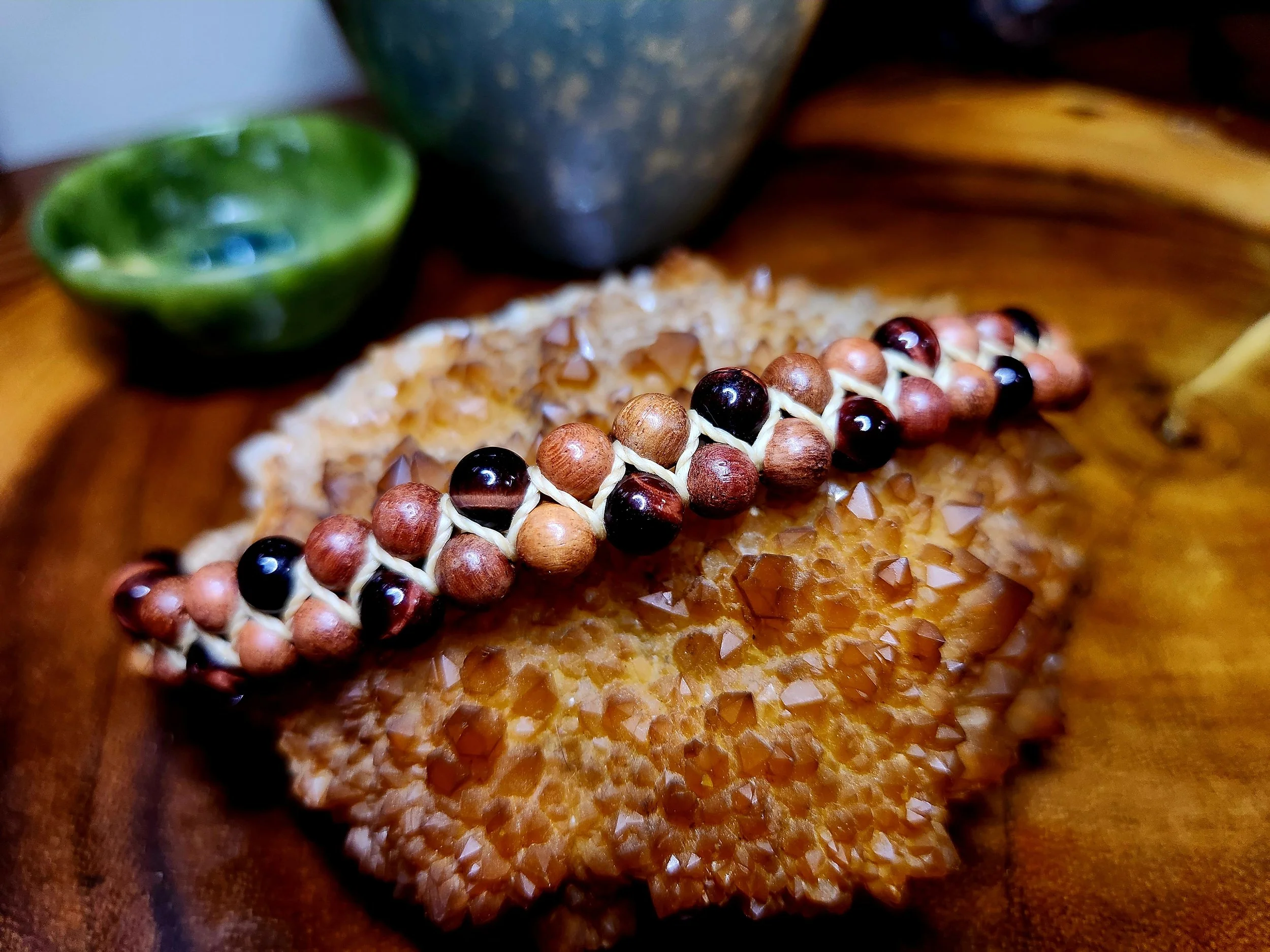 Zig Zag Tribal Cuff Bracelet with Sandalwood and Red Tiger Eye Beads