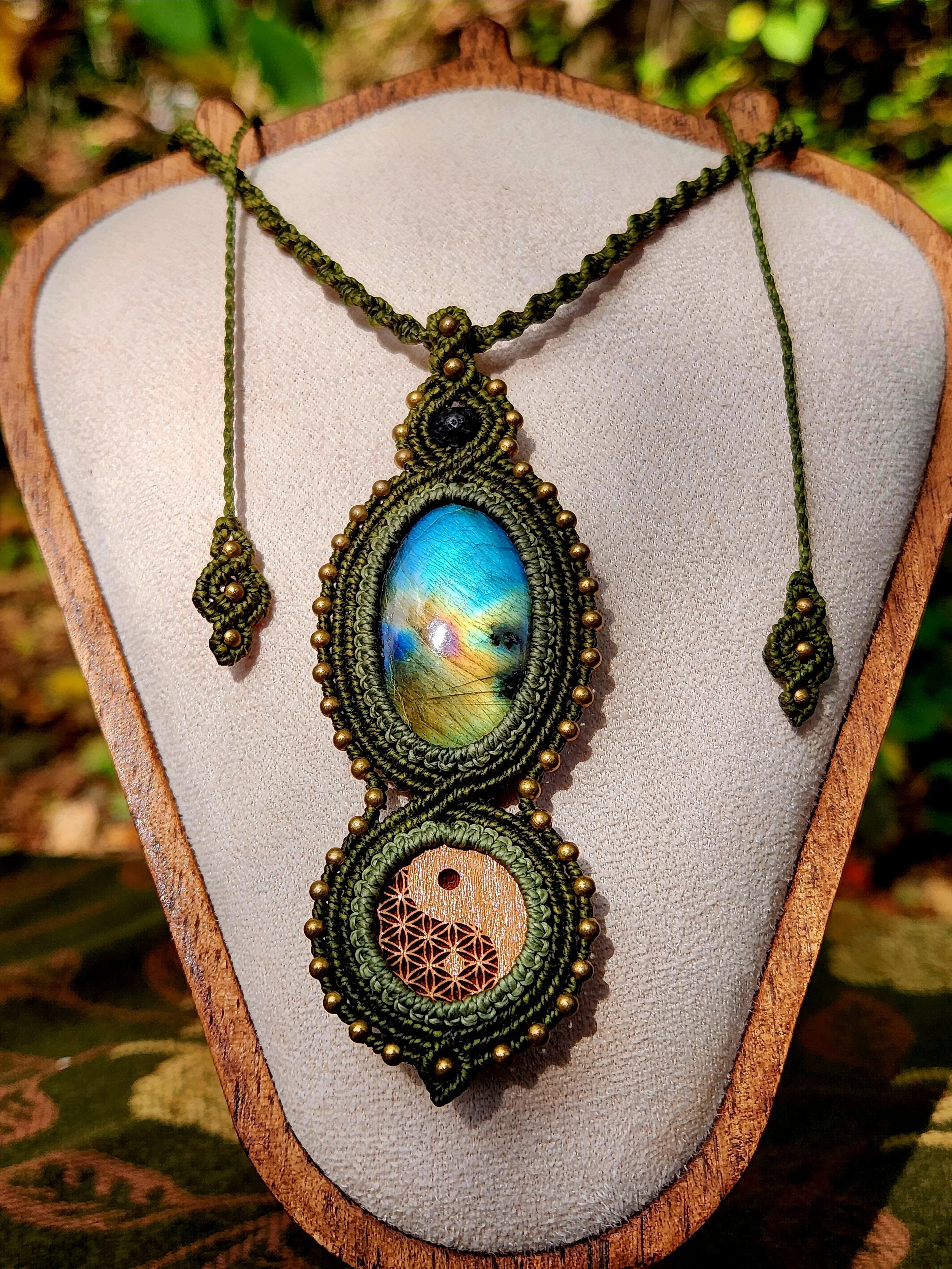 Earth Portal Necklace with Labradorite and Yin Yang Flower of Life Engraving