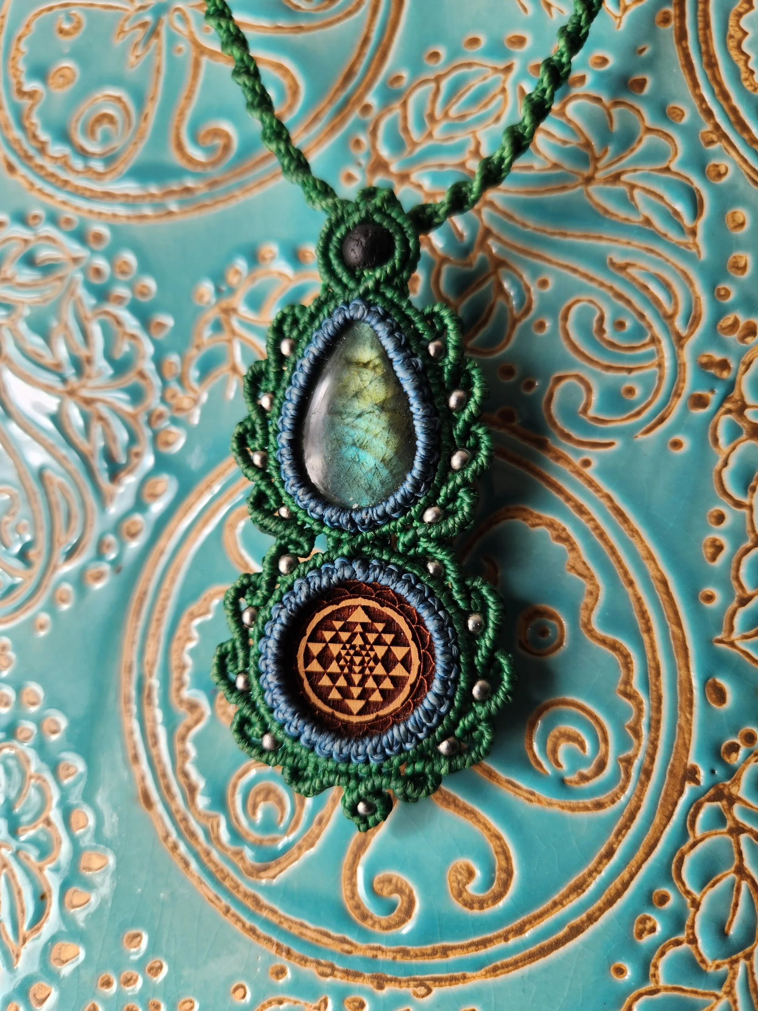 Labradorite and Sri Yantra Engraving on Cherry with Lava Stone and Stainless Steel Beads