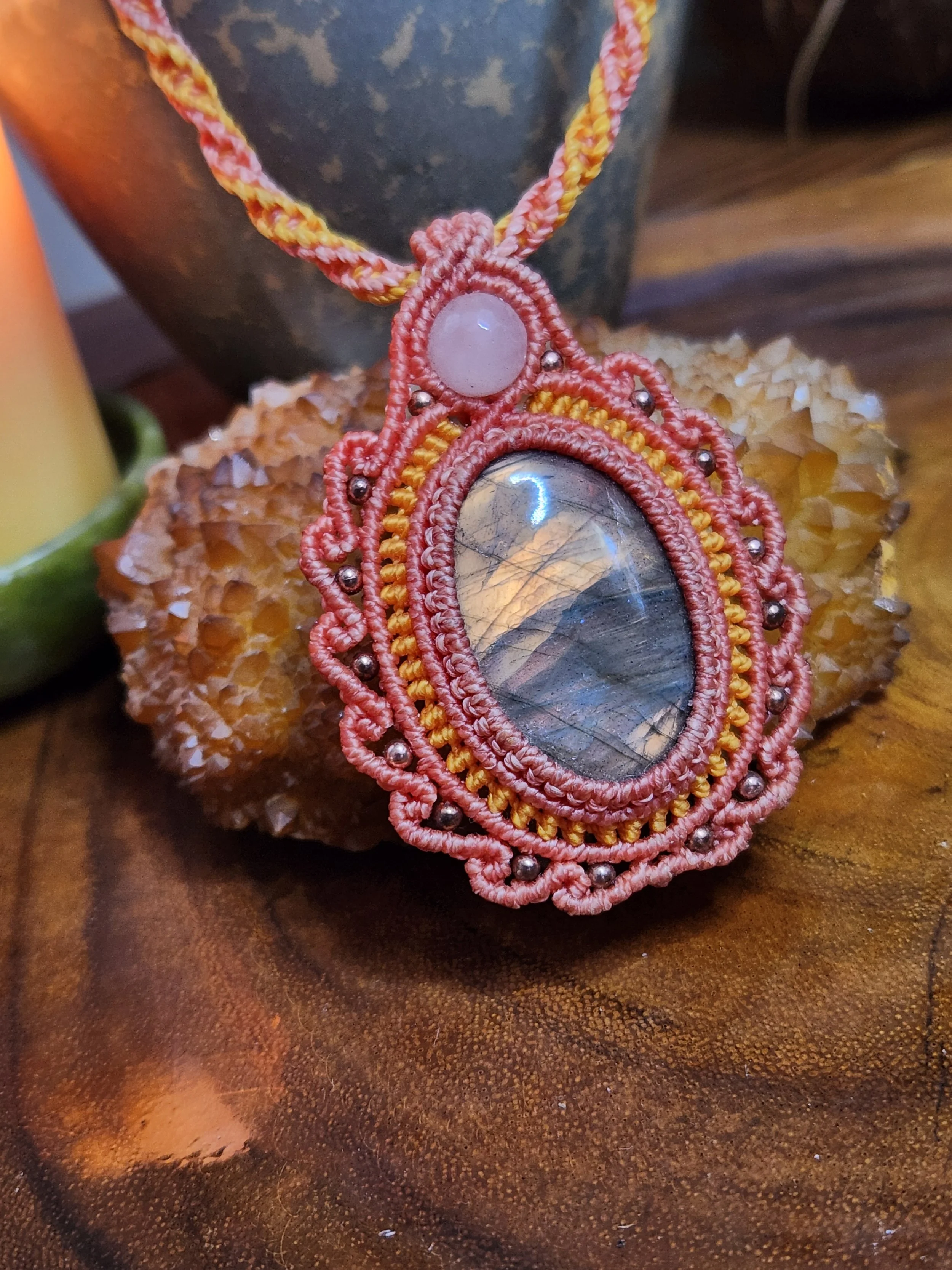 Peachy Labradorite Necklace with Rose Quartz and Copper beads