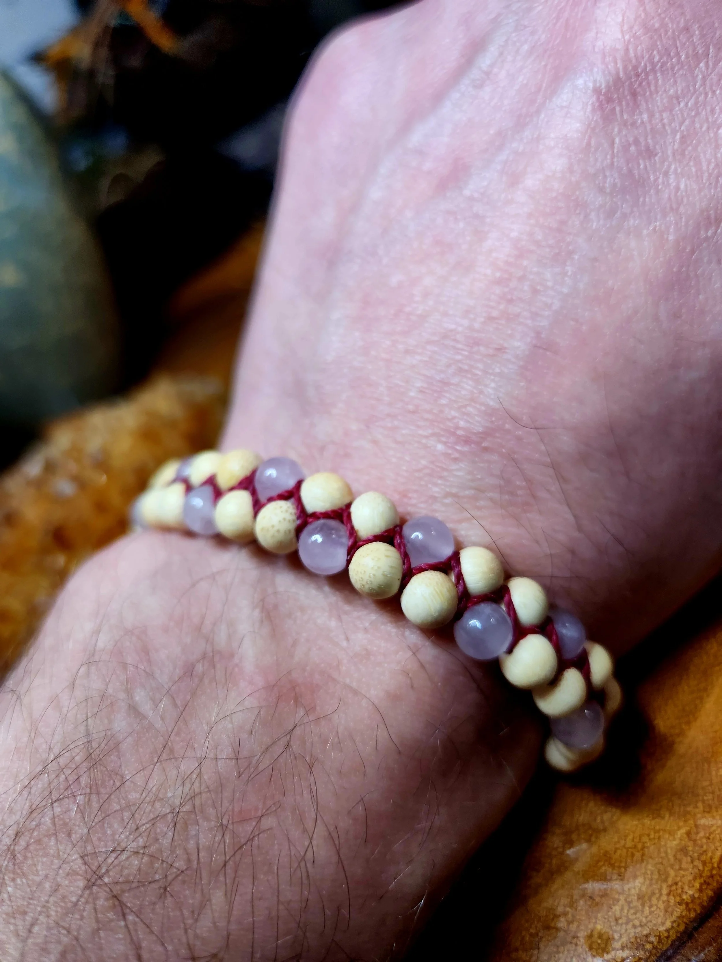 Zig Zag Tribal Cuff Bracelet with Bamboo and Rose Quartz Beads