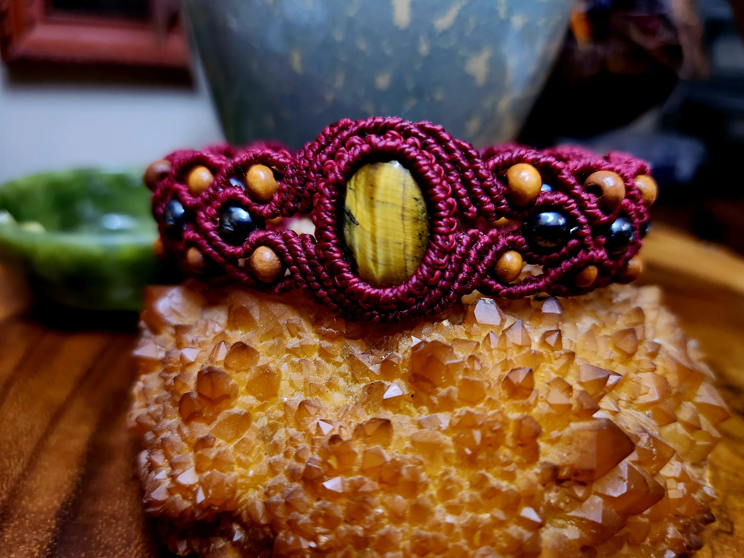Tiger Eye Cuff Bracelet with Hematite and Wooden Beads