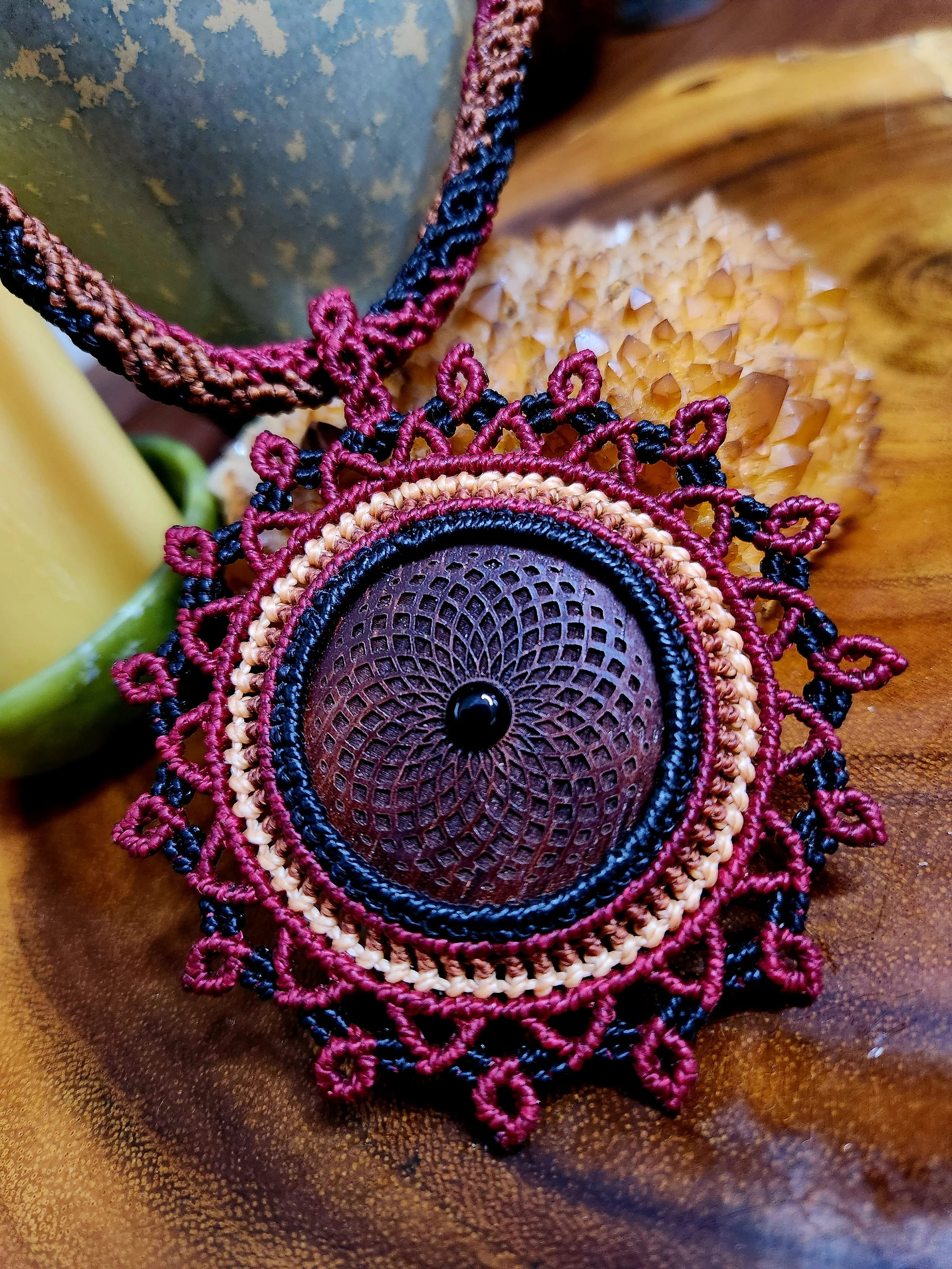 Macramé Mandala Necklace with Obsidian on Engraved Padauk