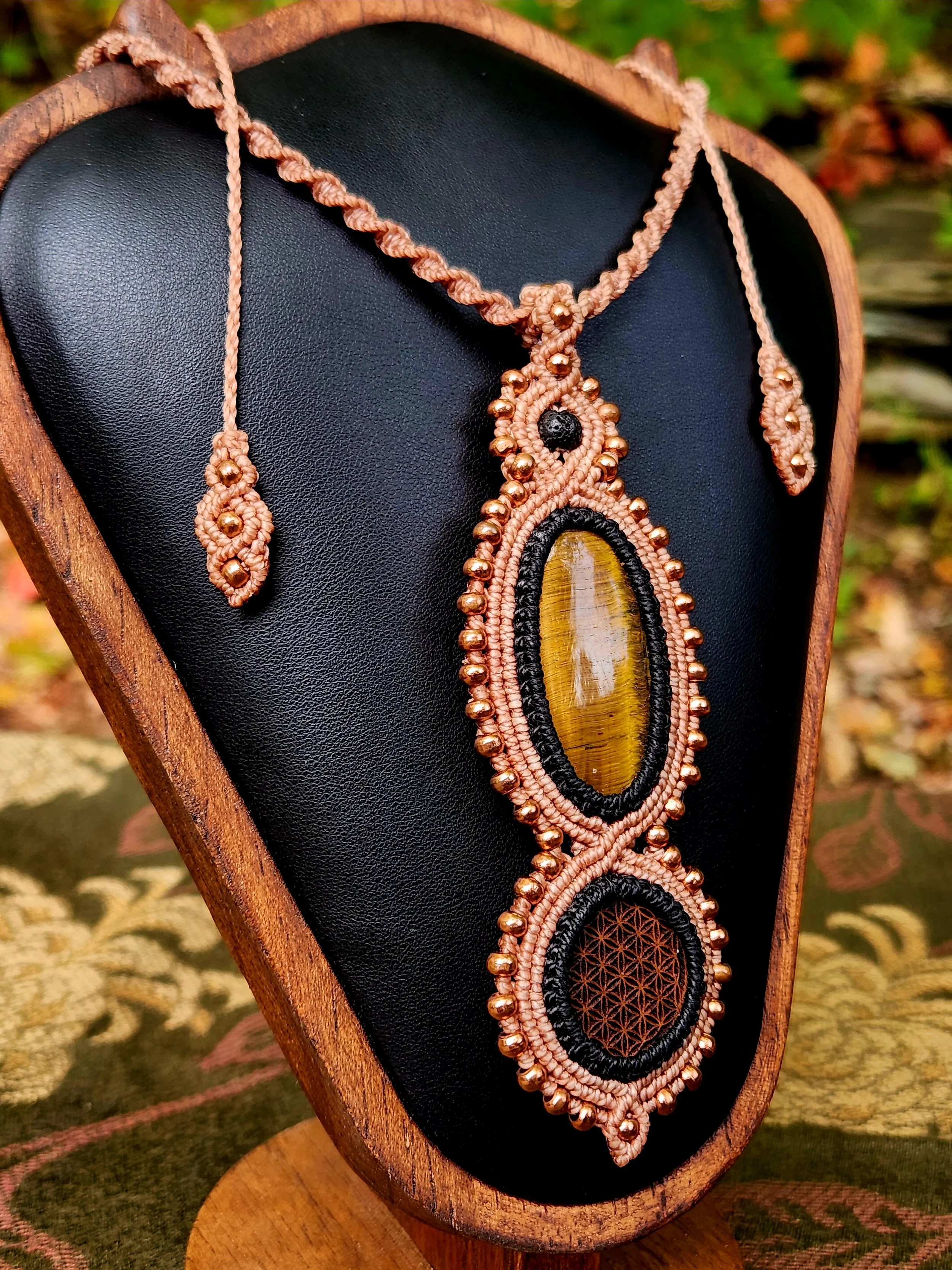 Earth Portal Necklace with Tiger Eye and Flower of Life Engraving on Walnut
