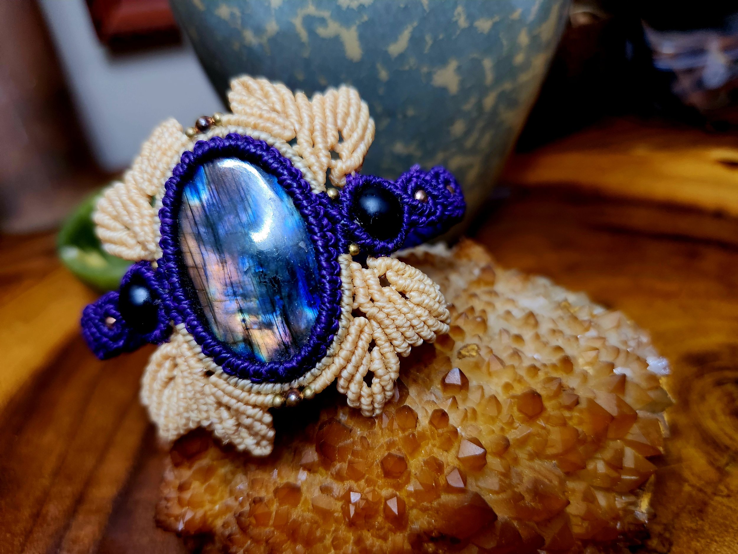 Multicolored Labradorite Cuff Bracelet with Obsidian, Copper, and Brass Beads