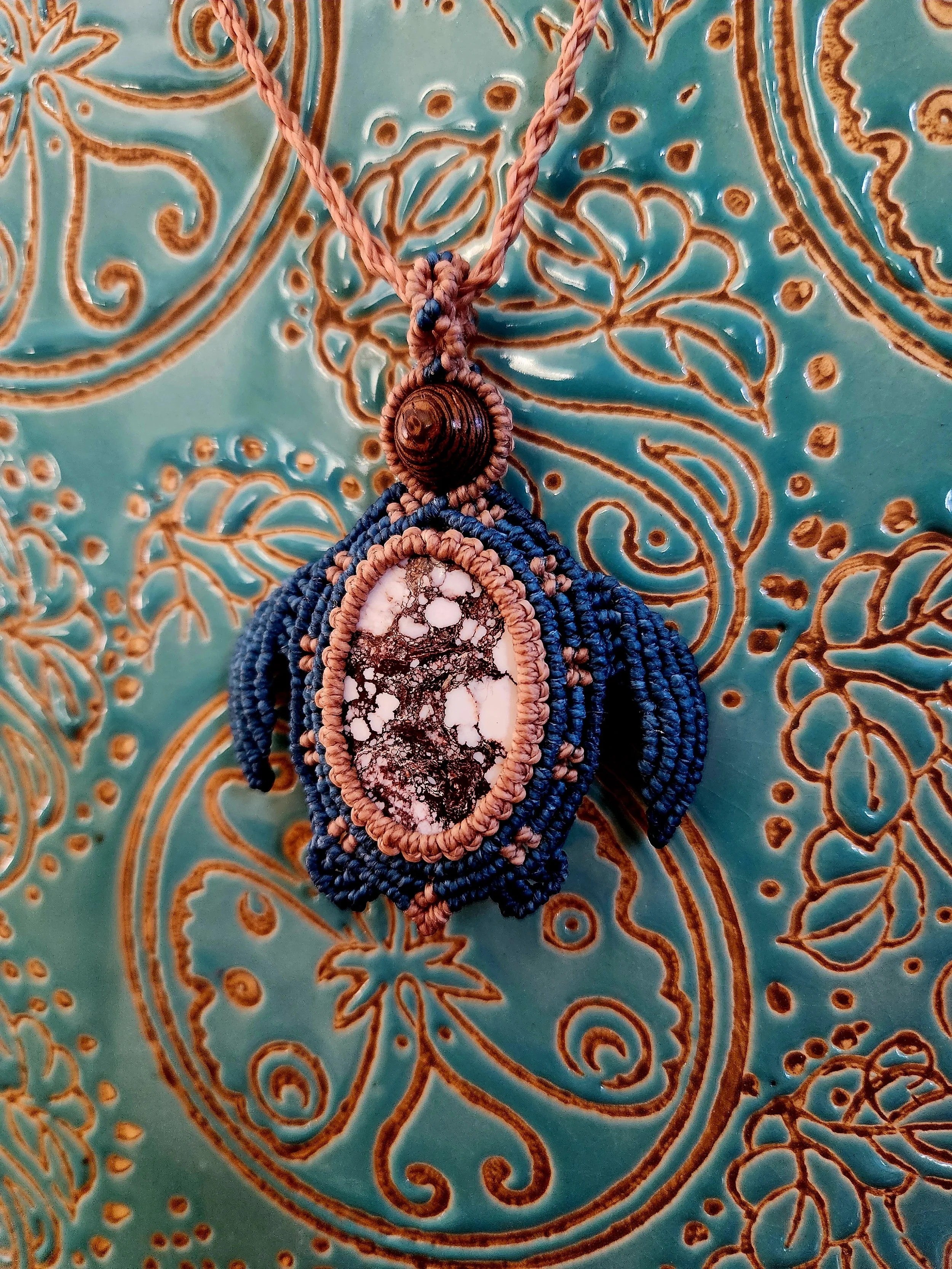 Wild Horse Jasper Turtle Shell Necklace with Sandalwood Beads