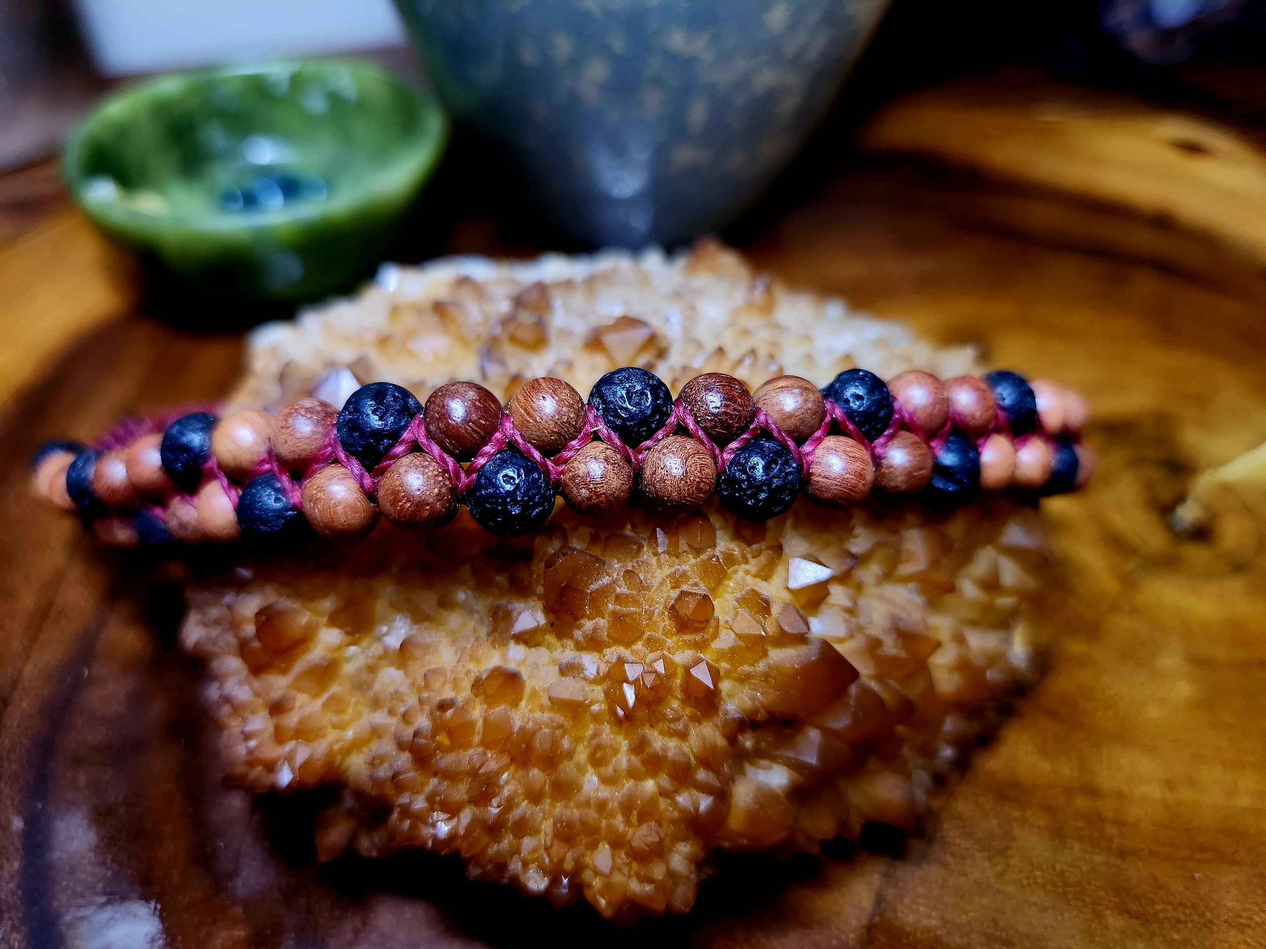 Zig Zag Tribal Cuff Bracelet with Sandalwood and Lava Stone Beads