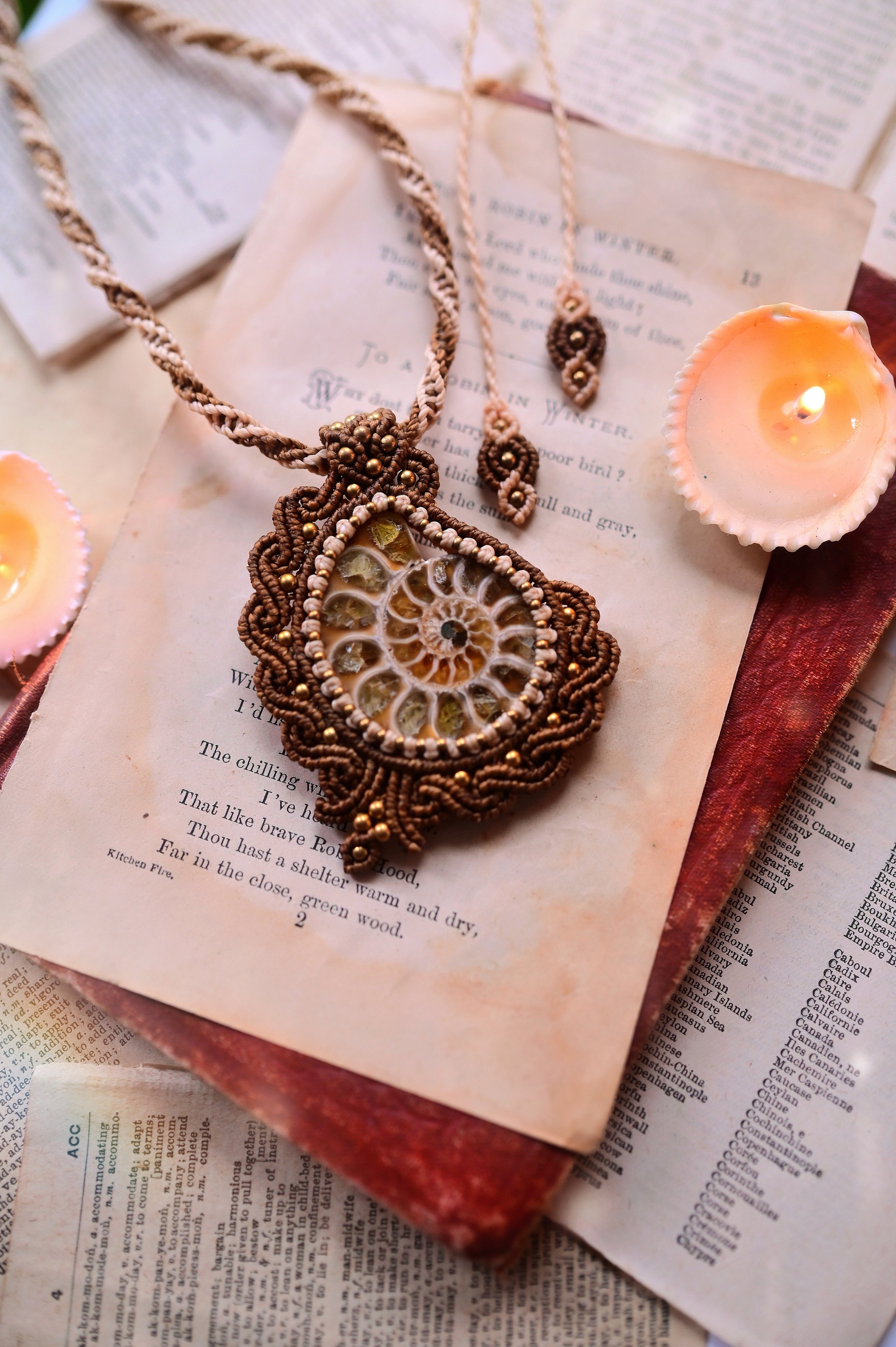 Ammonite Crystal Crescent Moon Brass Macramé Necklace