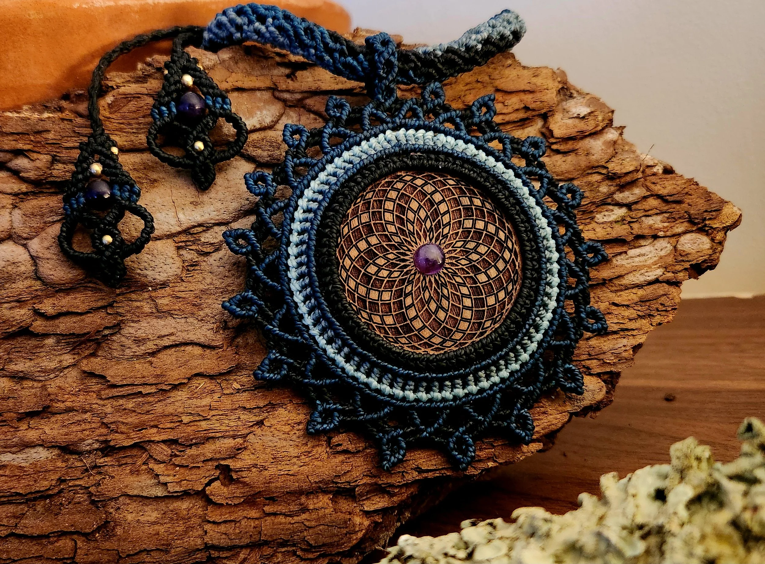 Macramé Mandala with Amethyst Crystal on Walnut
