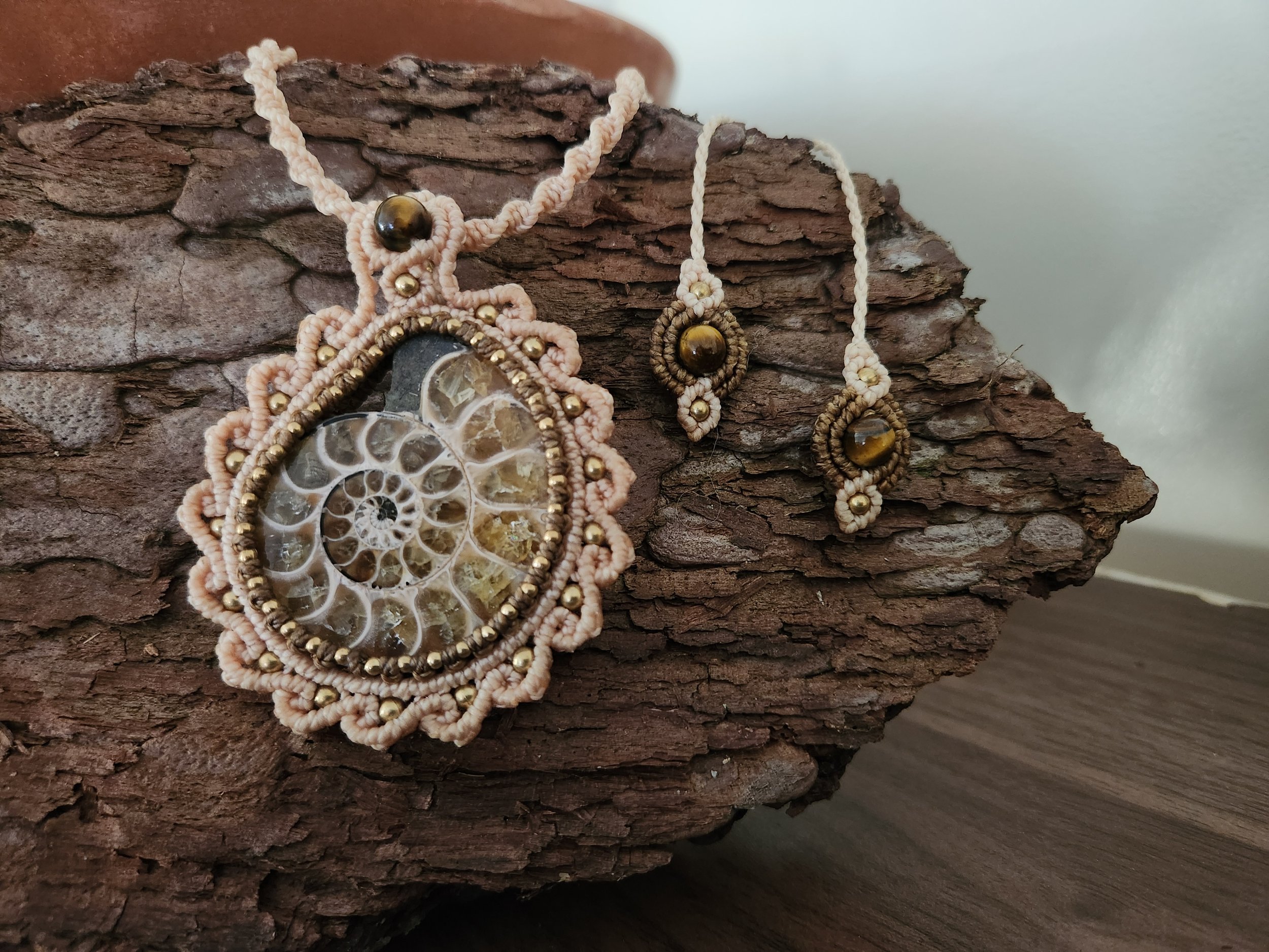 Ammonite Fossil with Tiger Eye and Brass Beads Necklace