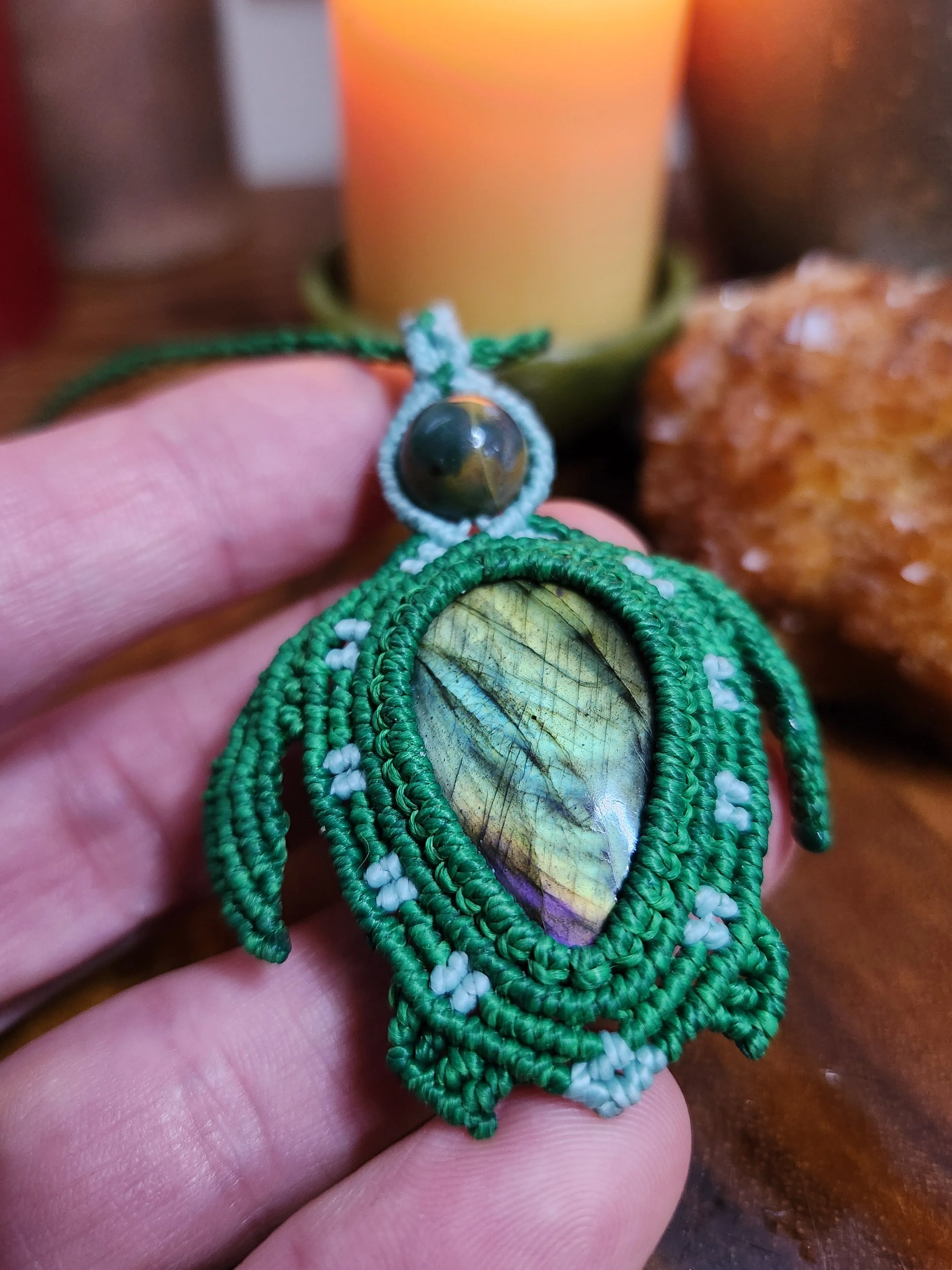 Labradorite Turtle Shell Necklace with Moss Agate Beads