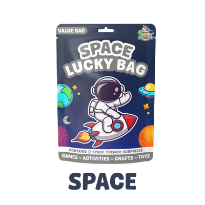 A space-themed lucky bag packaging featuring an astronaut riding a rocket with planets and stars in the background.
