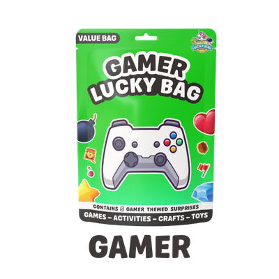 Green packaging of a Gamer Lucky Bag containing gaming-themed surprises, including a white video game controller, with various small game-related icons around it.