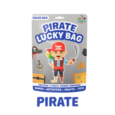 Pirate Lucky Bag packaging featuring a cartoon pirate with a red hat, eye patch, and sword, surrounded by pirate-themed images like a boat, treasure chest, and skull and crossbones