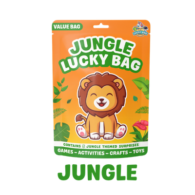Jungle Lucky Bag packaging featuring a cute smiling lion cub with a jungle theme, containing three jungle-themed surprises for games, activities, crafts, and toys.