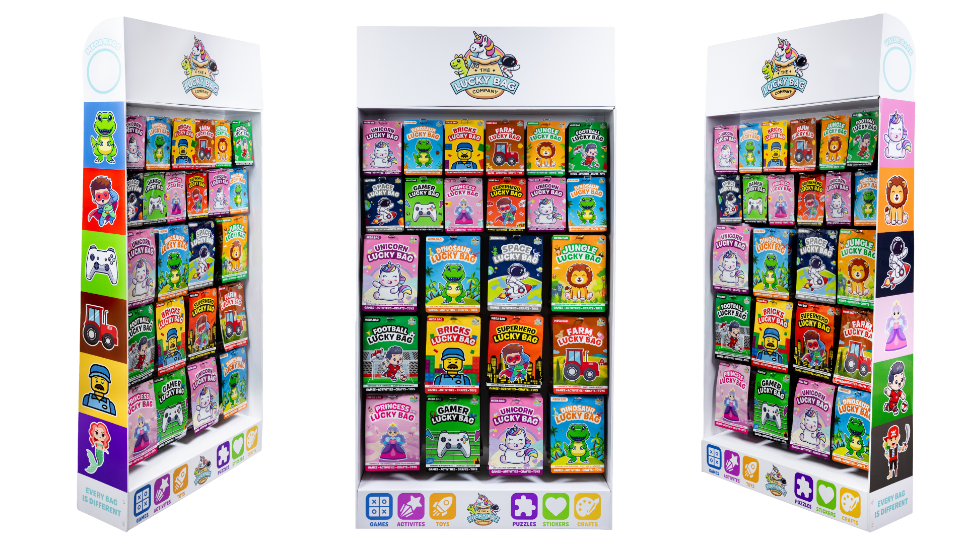 Display of colorful children's toy or product packages arranged on three white shelves, each with a different set of playful illustrations and labels. The packaging features cartoon characters like unicorns, dinosaurs, princesses, astronauts, and animals, with branding that reads "Lucky Bag." The shelves are decorated with icons representing games, activities, toys, puzzles, stickers, and crafts, and include a note that each bag is different.