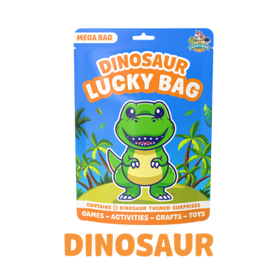 Dinosaur Lucky Bag packaging with a cartoon dinosaur and tropical background.