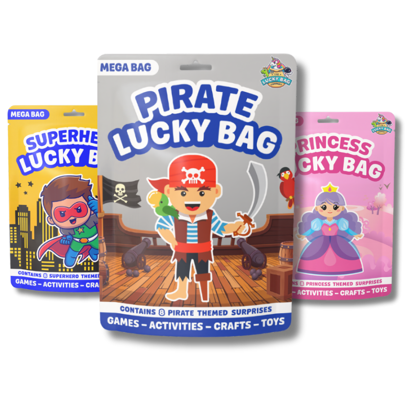 Three pirate-themed lucky bags featuring children in costumes, with one central bag labeled 'Pirate Lucky Bag' showing a smiling boy dressed as a pirate on a ship deck. The other bags are themed superheroes and princesses.