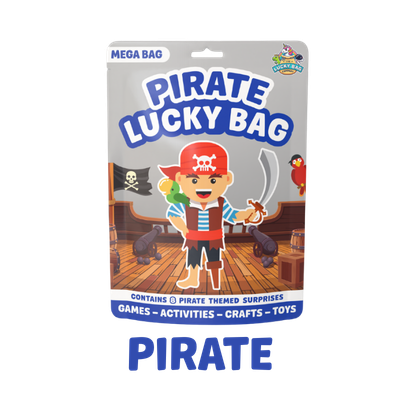 Pirate-themed Mega Bag labeled "Pirate Lucky Bag" with a cartoon pirate child holding a sword, surrounded by pirate items like a parrot, cannon, and treasure chest, on a ship deck background.