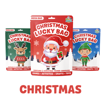 Three Christmas Lucky Bag boxes featuring holiday characters: a reindeer, Santa Claus, and an elf, with holiday backgrounds.