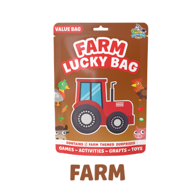 Packaging of a Farm Lucky Bag containing farm-themed surprises, with a red tractor illustration and farm animals on the packaging.