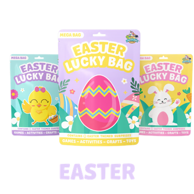 Three Easter-themed lucky bags featuring a chick, a bunny, and a decorated egg.