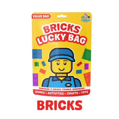 A yellow box labeled 'Bricks Lucky Bag' features a cartoon image of a smiling boy with a blue cap, surrounded by colorful toy bricks, indicating it contains Lego-themed surprises and activities.