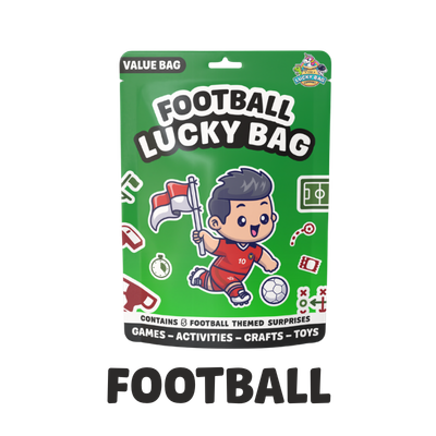 Green packaging labeled 'Football Lucky Bag' with a cartoon boy in football uniform holding a flag, surrounded by football-themed icons like a whistle, football, and scorepad.