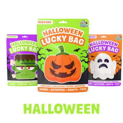 Three Halloween-themed lucky bags with colorful packaging, featuring a green bag with a Frankenstein face, an orange bag with a Jack-o'-lantern face, and a purple bag with a ghost face.