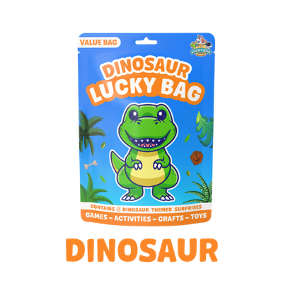 Dinosaur Lucky Bag packaging featuring a cartoon green dinosaur with purple spots, standing in a jungle with palm trees, containing six dinosaur-themed surprises, toys, games, crafts, and activities.