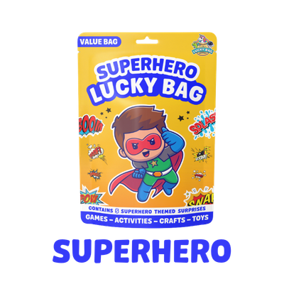 Superhero Lucky Bag packaging with a cartoon superhero character, featuring colorful stars and comic-style text on a yellow background.