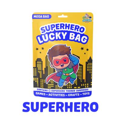 Yellow packaging labeled 'Superhero Lucky Bag' with a cartoon superhero boy wearing a red mask and cape, holding a fist out, with city skyline in the background.