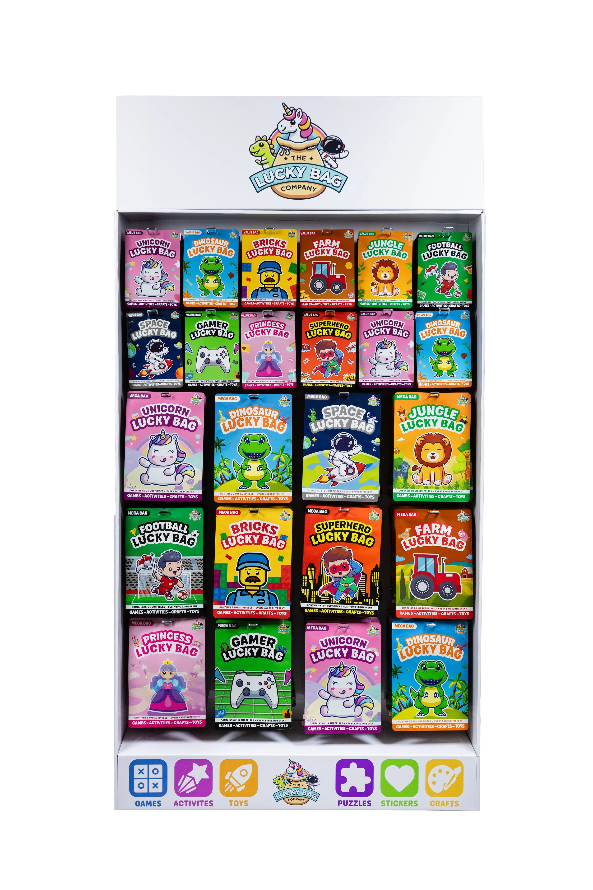 Display box featuring colorful children’s lucky bags with cartoon characters including unicorns, dinosaurs, and superheroes, from The Lucky Bag Company.