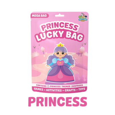Princess Lucky Bag toy packaging featuring a cartoon princess with purple hair, a pink dress, and a crown, with a pink background and the words "Princess Lucky Bag" and "Mega Bag".