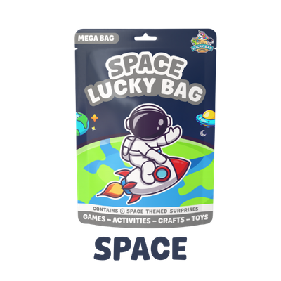 Packaging of a 'Space Lucky Bag' featuring a cartoon astronaut riding a rocket, with space-themed graphics and text indicating it contains space-themed surprises, games, activities, crafts, and toys.