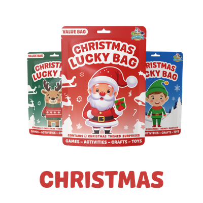 Three Christmas-themed lucky bags featuring Santa Claus, a reindeer, and an elf with festive backgrounds.