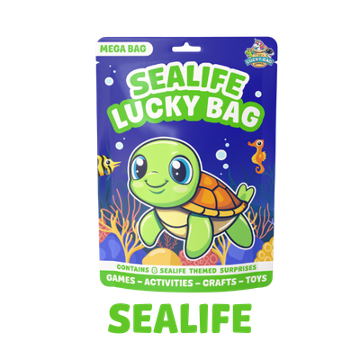 Packaging of a Sealife Lucky Bag with a cartoon turtle character on the front, underwater themed background, and text indicating it contains sealife themed surprises, games, activities, crafts, and toys.