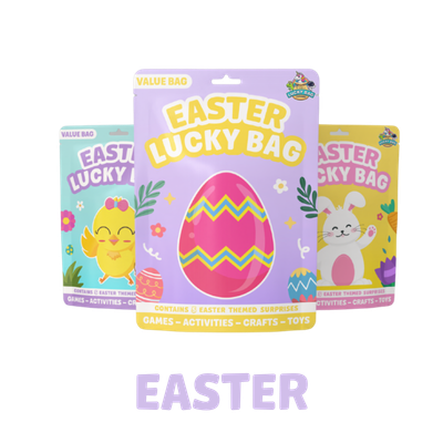 Easter Lucky Bags featuring colorful egg designs and Easter-themed illustrations, including a bunny and a chick, suitable for games, activities, crafts, and toys.