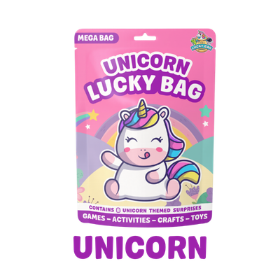 Pink unicorn-themed Lucky Bag packaging labeled 'Mega Bag,' featuring a cute cartoon unicorn with a rainbow mane and tail, smiling with closed eyes, surrounded by colorful stars and some text about contents and activities inside.