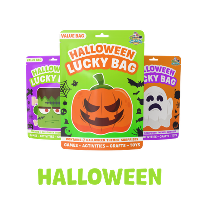Three Halloween-themed lucky bags with different designs, one featuring a pumpkin with a spooky face, another with a grinning green monster, and a third with a ghost face.