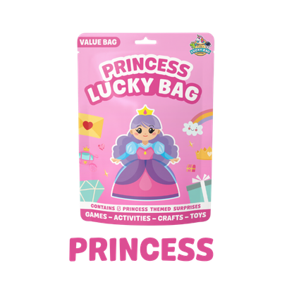Pink package labeled 'Princess Lucky Bag' with cartoon princess in a pink dress, crown, and purple hair, surrounded by gifts, rainbow, and clouds.