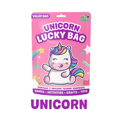 Pink package labeled 'Unicorn Lucky Bag' featuring a cute cartoon unicorn with a rainbow mane and tail, smiling with closed eyes, surrounded by stars and rainbows, indicating it contains unicorn-themed surprises such as games, activities, crafts, and toys.