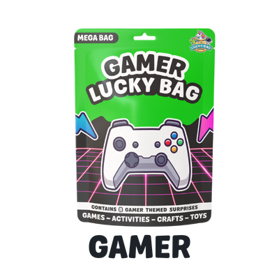 Gamer Lucky Bag with a white game controller on the front, featuring colored buttons. The bag is green with black and pink accents, labeled as a mega bag containing gamer-themed surprises, games, activities, crafts, and toys.