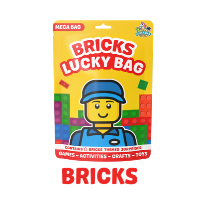 A yellow package of Bricks Lucky Bag containing LEGO-style bricks and surprises for children, with a cheerful cartoon character on the front.