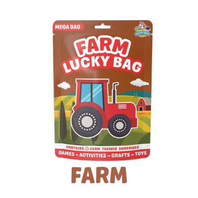 A Farm Lucky Bag toy package featuring a red tractor illustration on the front, with farm scenes including a barn and fields in the background.