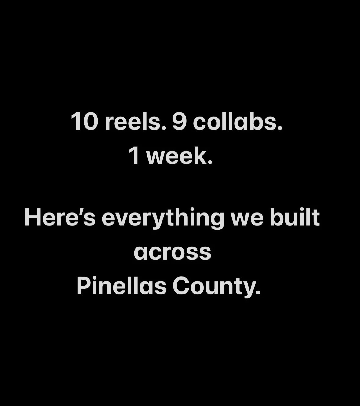 10 reels. 9 collabs. 1 week.

This is what a full week of content looks like across Pinellas County.

Breweries. Burgers. Fishing. Fitness. Date nights. Real estate. A podcast. We covered it all.

Swipe through to see everything we built this week wi